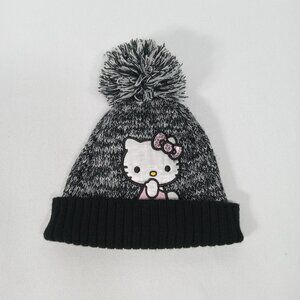 HELLO KITTY Beanie Sock Hat Gray Black Top Pom Pom Girls Size 4-14